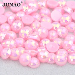 JUNAO 2 4 6 8 10 12 14mm Pink AB Flatback Round Pearls Bling Half Beads Stickers Glue On Crystal Stones Nail Art Decoration