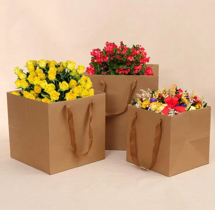 100pcs/lot Fruit flowers bonsai packaging paper bag with handle square bottom kraft paper bag gift bag Black/Brown 4 Size SN681