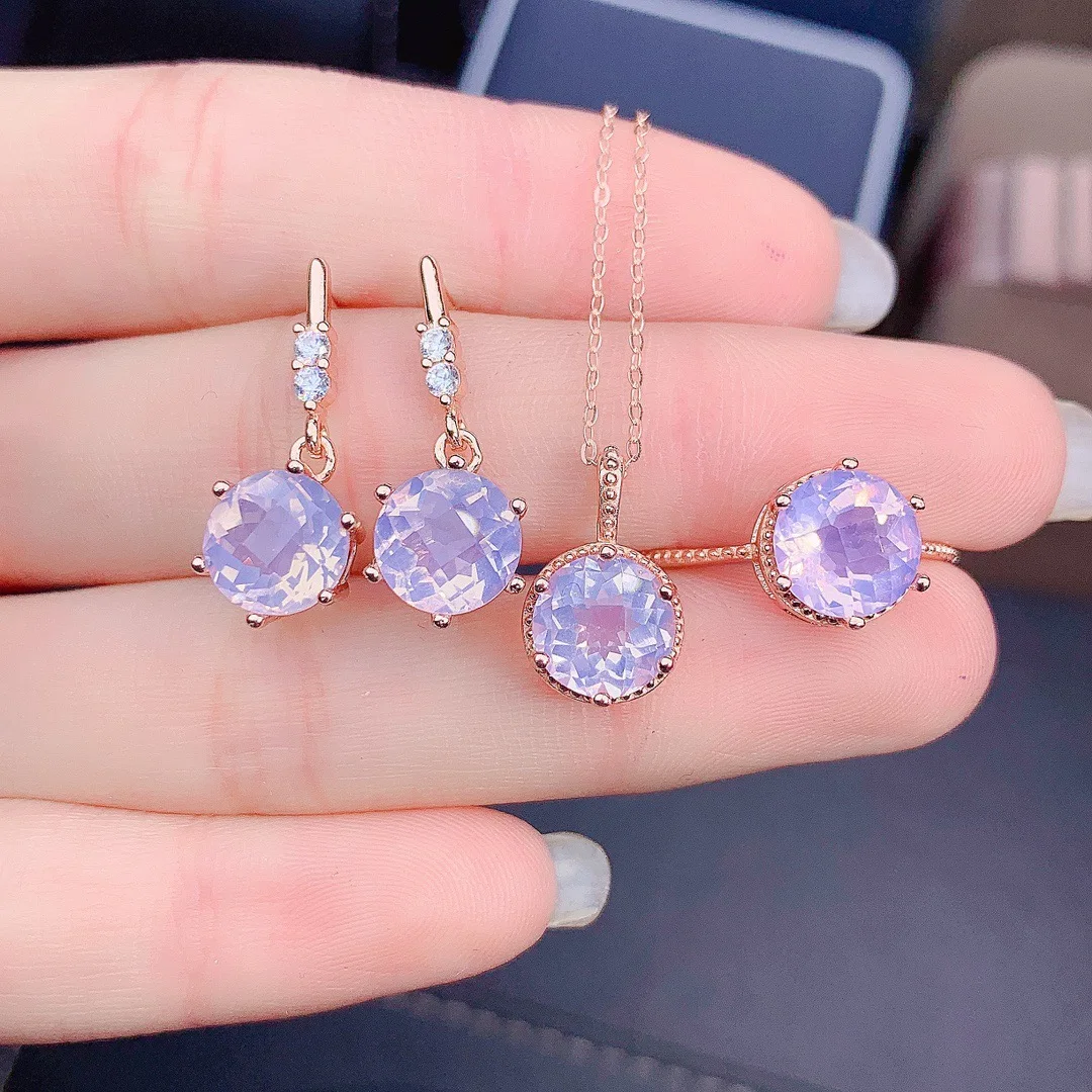 

925 Sterling Silver Round 8mm Lavender Quartz Amethyst Jewelry Sets Ring Earrings Pendant Necklace For Women Party Gift