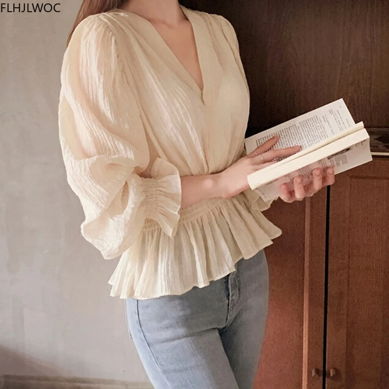 Womens Long Sleeve Peplum Tops Cute Sweet Preppy Style Girls Korean Style V Neck Ruffled Solid Shirts Blousas