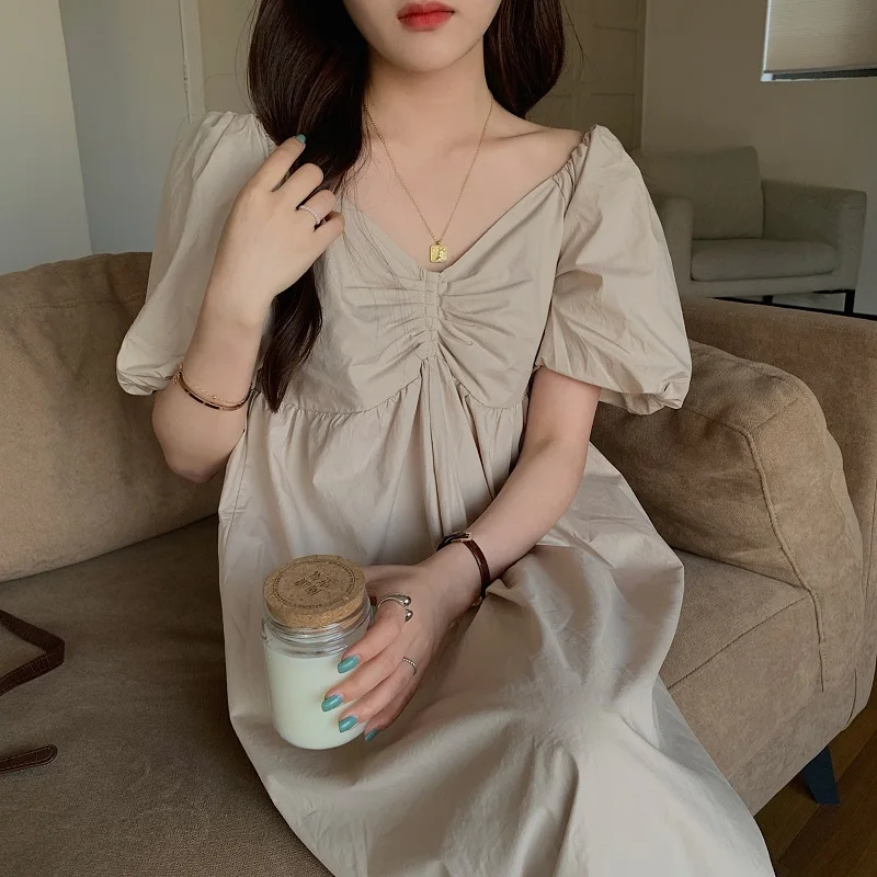 

Women Summer Vintage Long Loose Dress 2021 New V Neck Folds High Waist Puff Sleeve Straight Midi Sundress