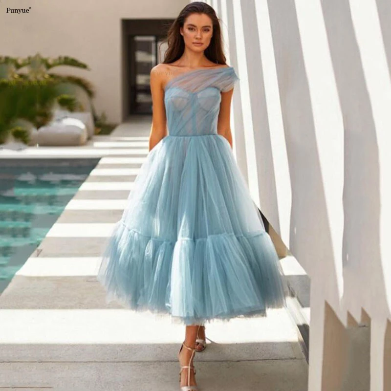 Customized A-Line Prom Dresses New Arrival Charming One Shoulder Lady Corset Formal Evening Gown Tea Length Vestidos De Fiesta