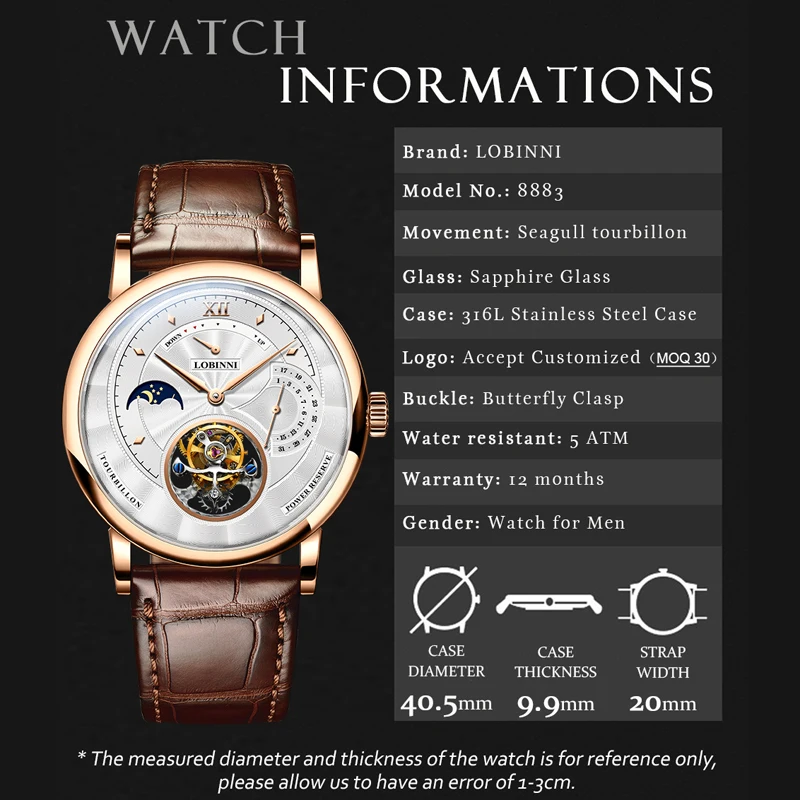 ساعة LOBINNI Real Tourbillon للرجال حركة النورس ساعة ميكانيكية زجاج الياقوت مرحلة القمر ساعة ميكانيكية متعددة الوظائف