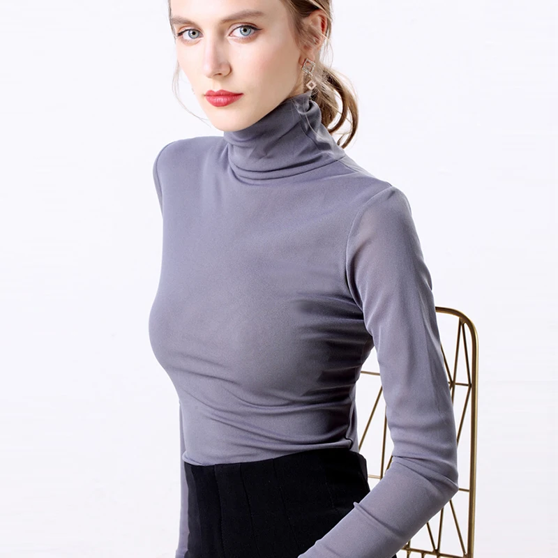 Blusa de cuello alto para mujer, Top básico de punto de manga larga, informal, ajustada, color rojo y azul, 2024