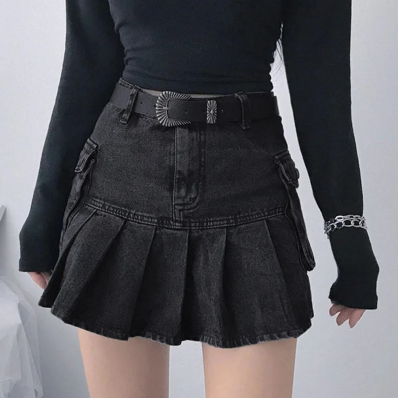 Woman Mini Mall Goth High Waist Jean Skirts Y2K Aesthetics Black Denim Pleated Skirts with Big Pockets Punk Style E-girl Outfits