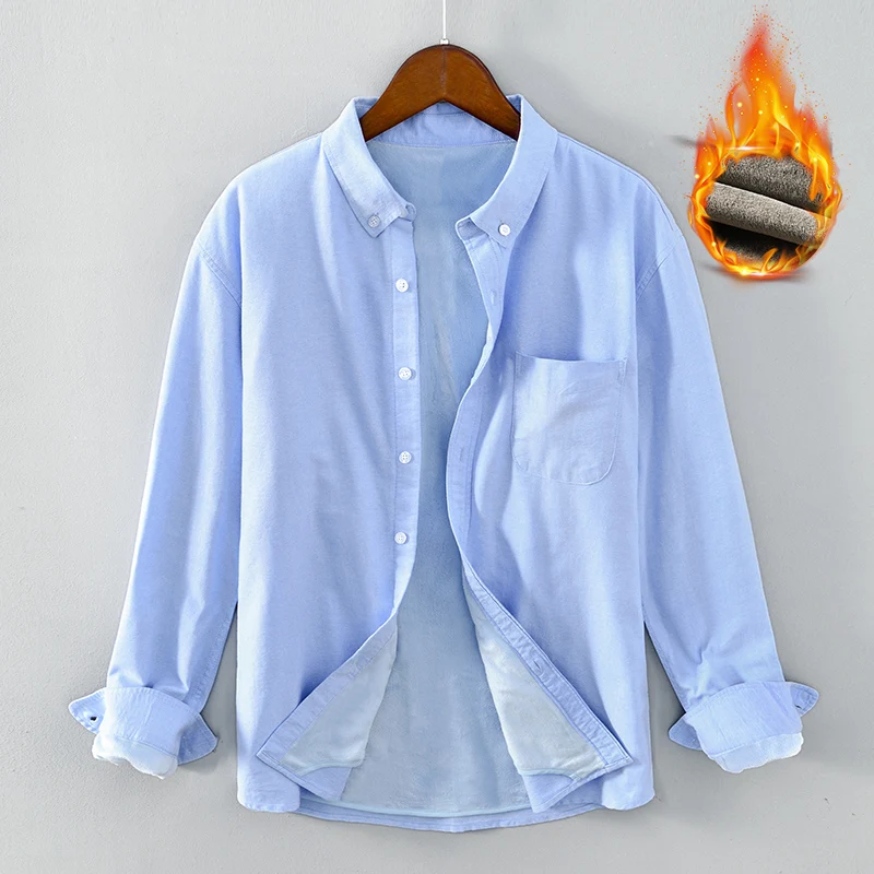 Plus Velvet Warm Long Sleeve Casual Cotton Blue Shirt Men Brand Italy Trend Thickening Shirts For Men Ropa Hombre Chemise Homme