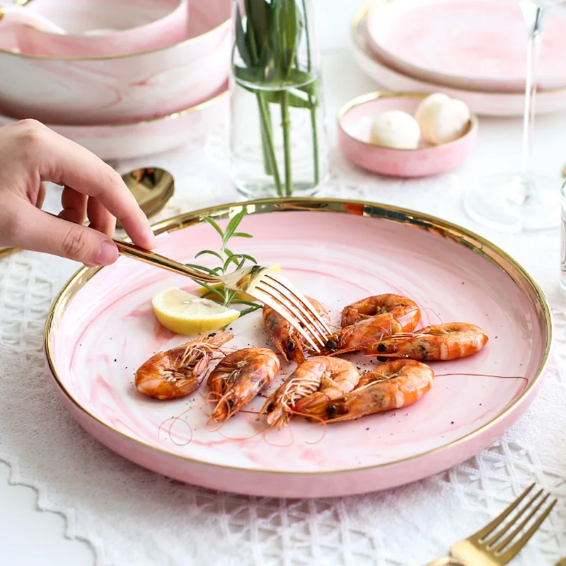 Pink Marble Glazes Ceramic Plate Western Steak Salad Dinner Plates Bowl Tableware Breakfast Dessert Dishes Home Decor Plates