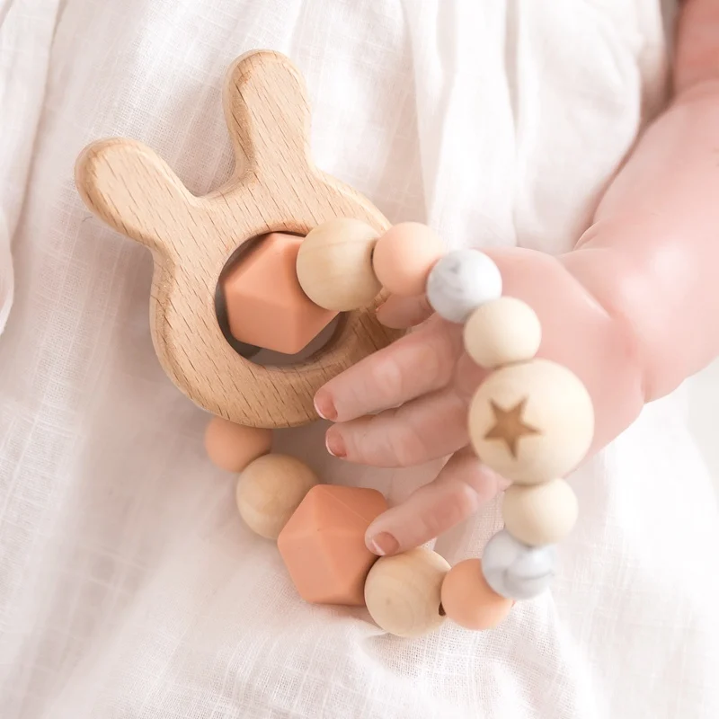 1PC  Silicone Beads Teether  Wooden Beads  Bracelet Nursing Teething Toys BPA Free Beech Wooden Star Bracelet DIY Baby Teether