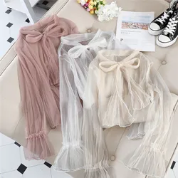 2020 New Spring Summer Women Mesh Blouse Solid Casual Tie Bow Lace Shirts Female Long Sleeve Blouses Bottoming Shirt Tops AB1825