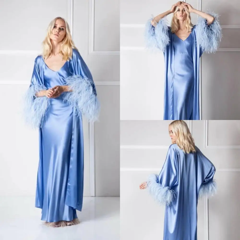 Blue Women Feather Bathrobe Sleepwear Two Pieces Night Robe Kimono Dressing Gown Babydoll Lingerie Bath Robe Luxury Nightgown