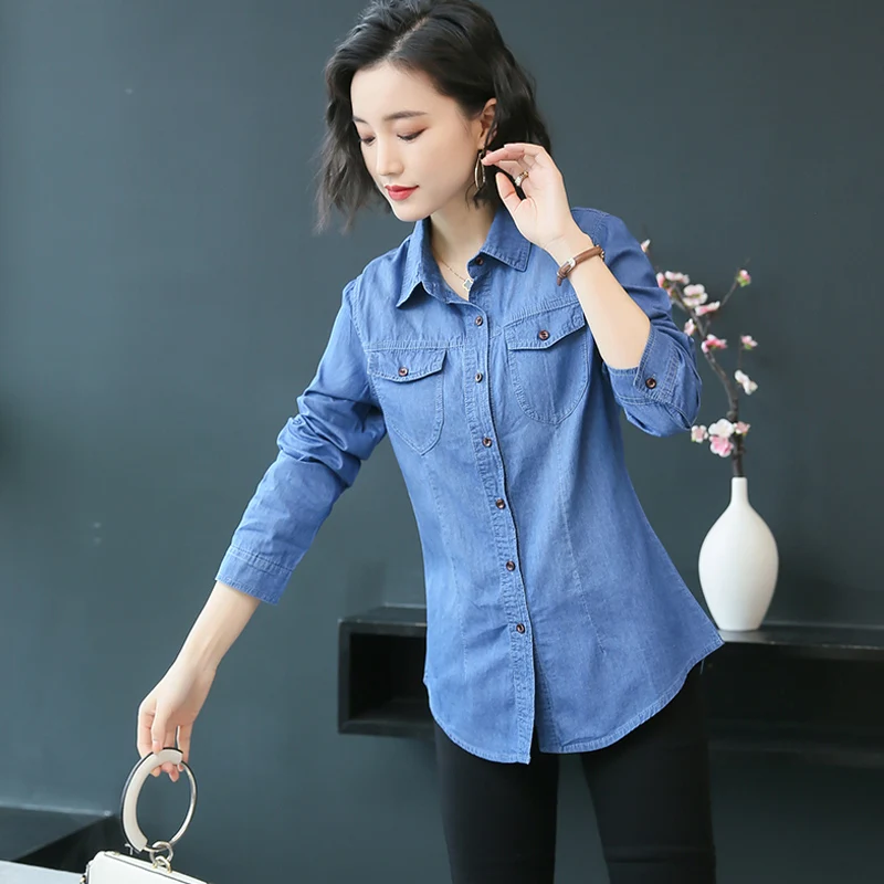 S-3XL Frauen Denim Shirt Frühling Herbst 2024 Neu Zwanglos Retro Lange Ärmel Lose Oberteile Hemden Schlank Baumwolle Bluse Weiblich Blau