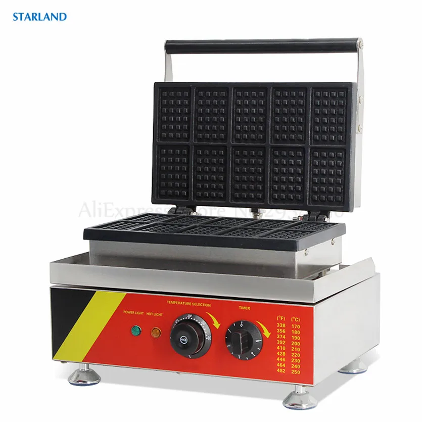 Commercial Rectangle Waffle Machine Non-Stick Lolly Baking 10 Waffle Moulds Electric Cooking Equipment  50HZ/60HZ