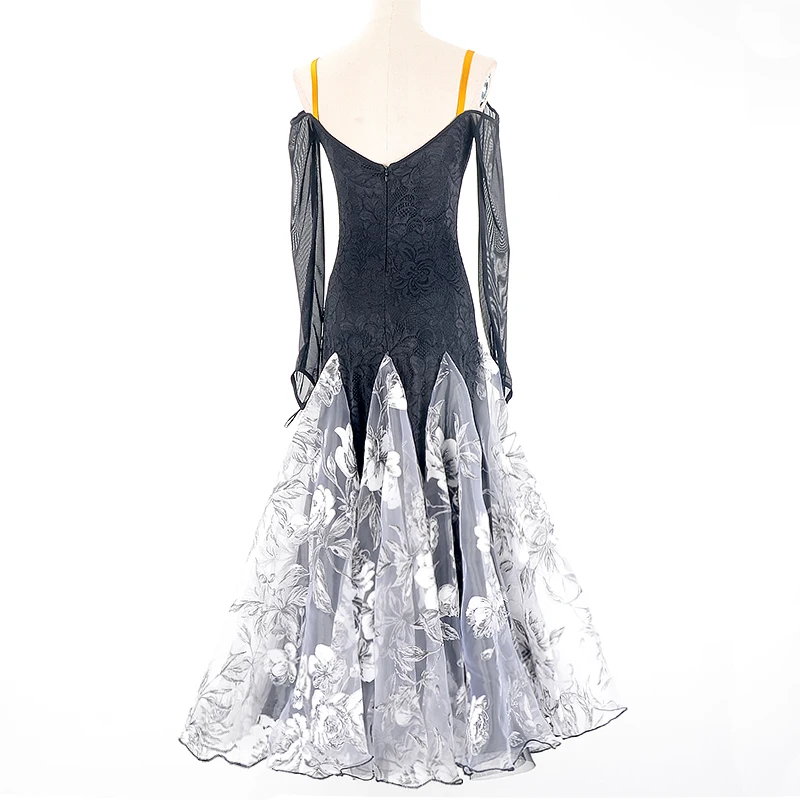 Vestido de salón de baile estándar, traje de Drag Queen, encaje negro, bordado de flores, falda de gasa, flamenco, Tango, Vals, 2020