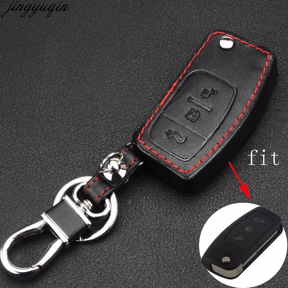 

Jingyuqin Remote 3 Buttons Car Key Case Cover Leather For Ford Fiesta Focus 2 Ecosport Kuga Escape Keychain Flip Key