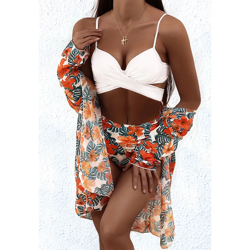 Costume da bagno estivo 3 pezzi coprispalle abito Sexy stampa floreale perizoma a vita alta Bikini Set costume da bagno coprire Cardigan costume da bagno