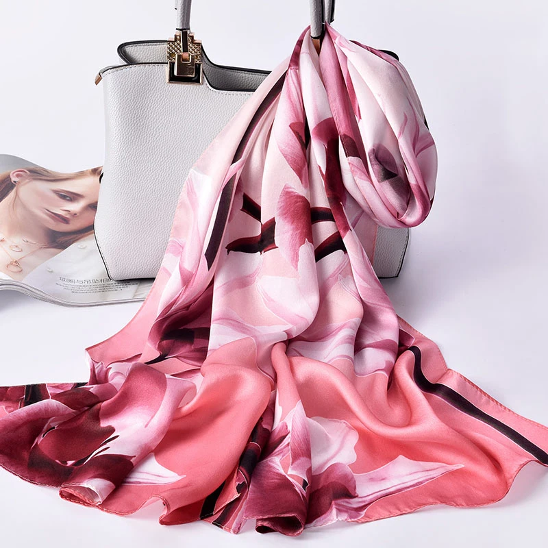 Women 100% Real Silk Long Scarf Luxury Flower Print Chinese Silk Headband Scarves  Natural Silk Shawls Wraps Foulard Femme