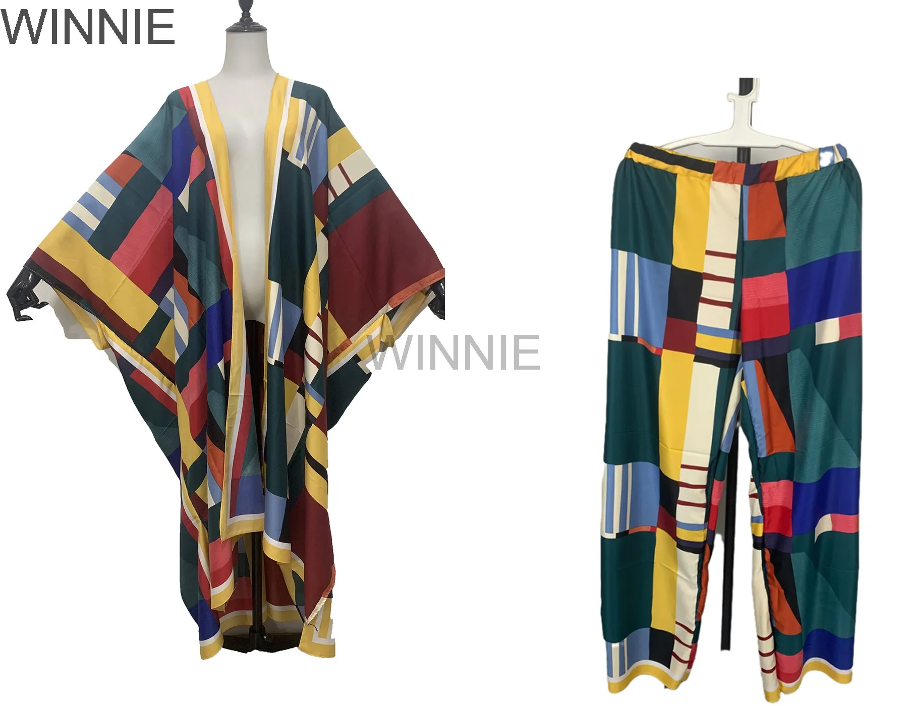 Bohemian Fashion Floral Kimono Cardigan & Pants Free Size African Women's Two Pieces Suit For Outfit Muslim Kaftan