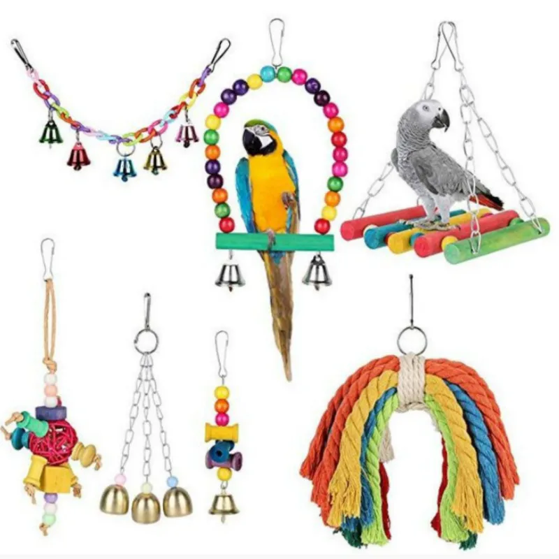 Parrot Bite Toy Bird Toys Swing Suspension Bridge Cotton Rope Pull String 7-Piece Set