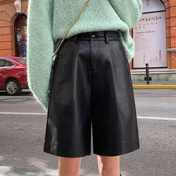 QOERLIN S-4XL Fashion PU Leather Shorts Women's Autumn Winter Bermuda Elastic Waist Loose Five Points Leather Trousers Shorts