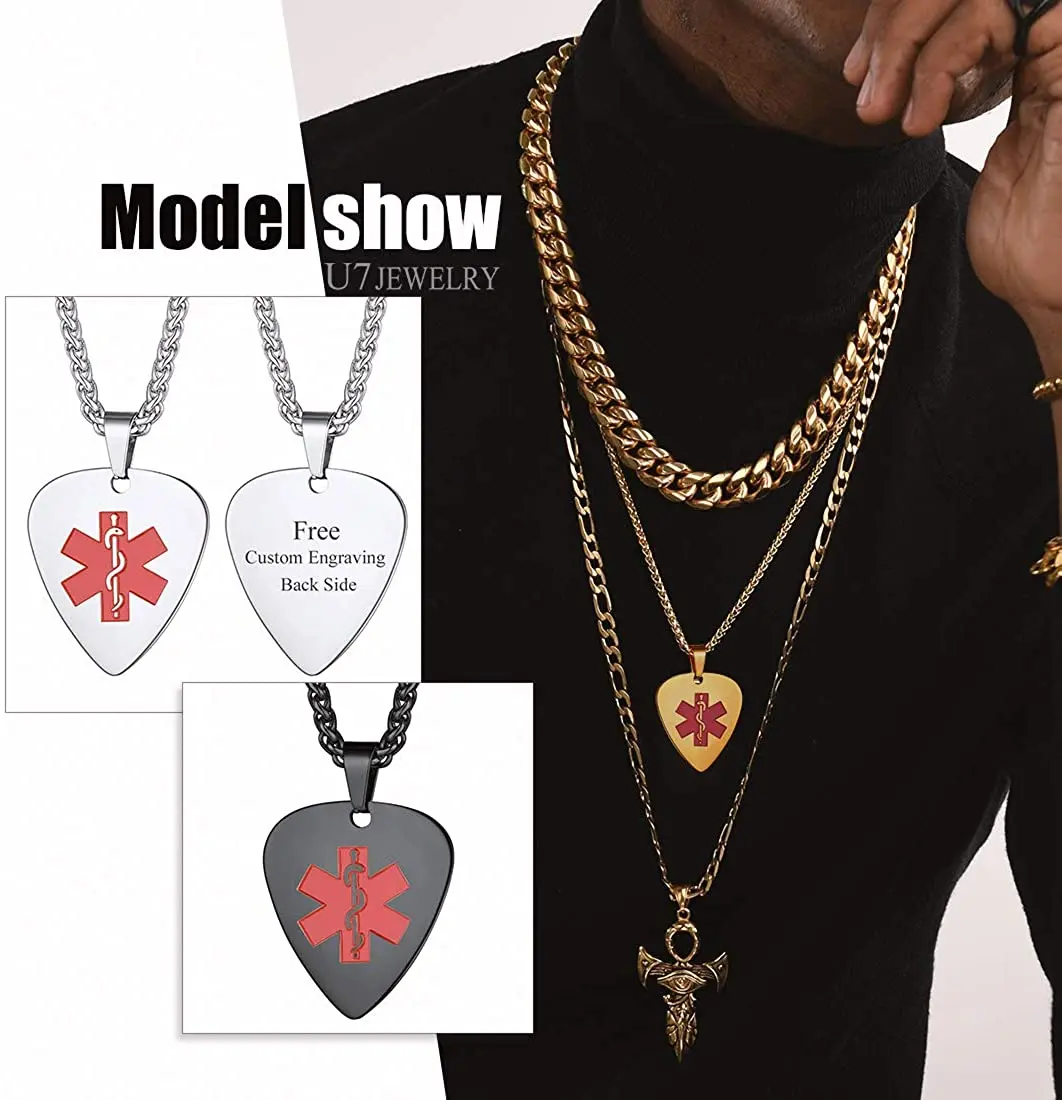 U7 Guitar Pick Necklace Gold Color Cool Mudic Tool Plate Pendant Personalized Medical ID Alert Necklaces for Men Women