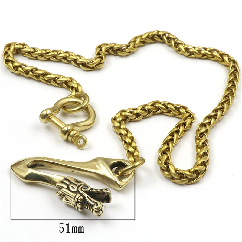 Brass Long Chain Men Pants Belt Waisting Hangings Keychains Vintage Copper Skull Buckles Rings Trousers Chains Dragon Head Hooks