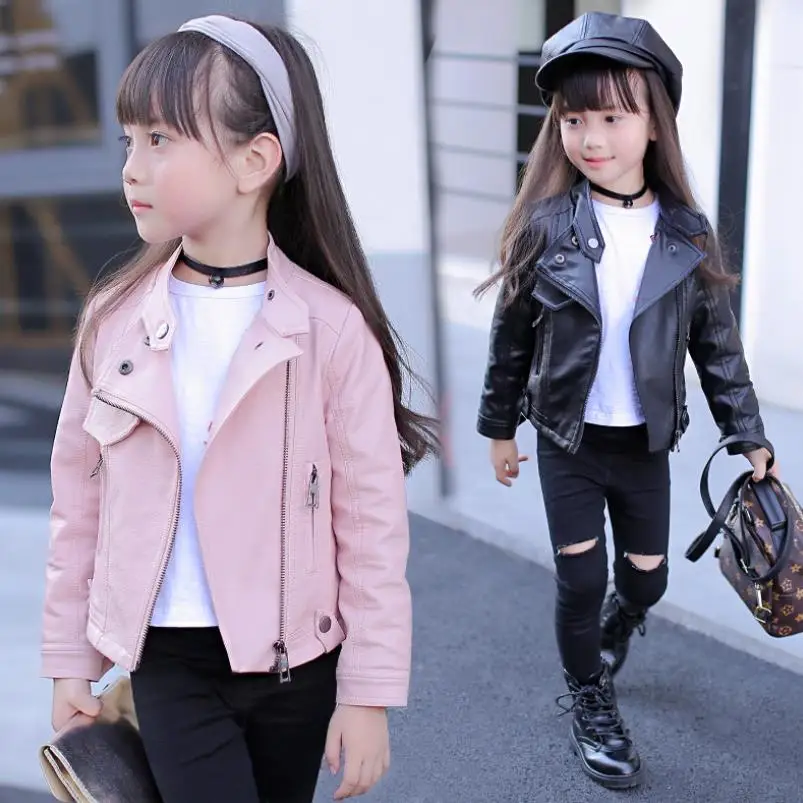 2021 New Autumn Winter Baby Girls Solid color lapel PU leather Kids Fashion Leather Jackets Children Outerwear Clothes 3-12Y