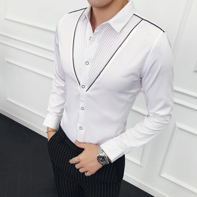 Designer Korean Fashion Shirt Contrast Piping V Shape Pleating Shirt Wedding Party Club Shirt Slim Fit Long Sleeve Button Down