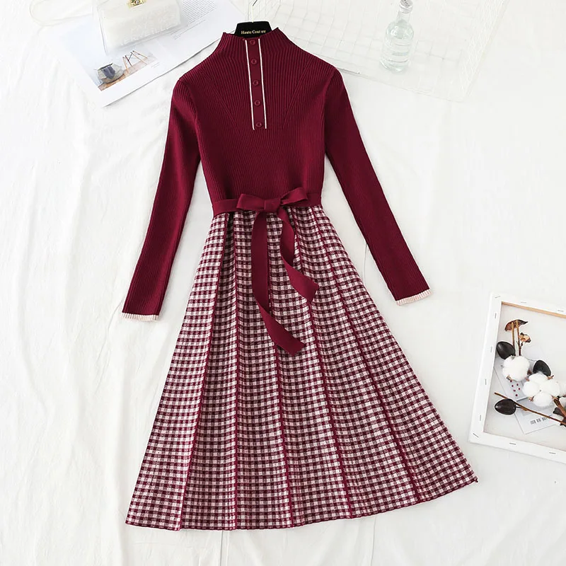 

Chic Knit Sweater Women Plaid Stand Long Sleeve Button Midi Dress Thick Warm Autumn Winter Female Office Lady Lace-Up Dress