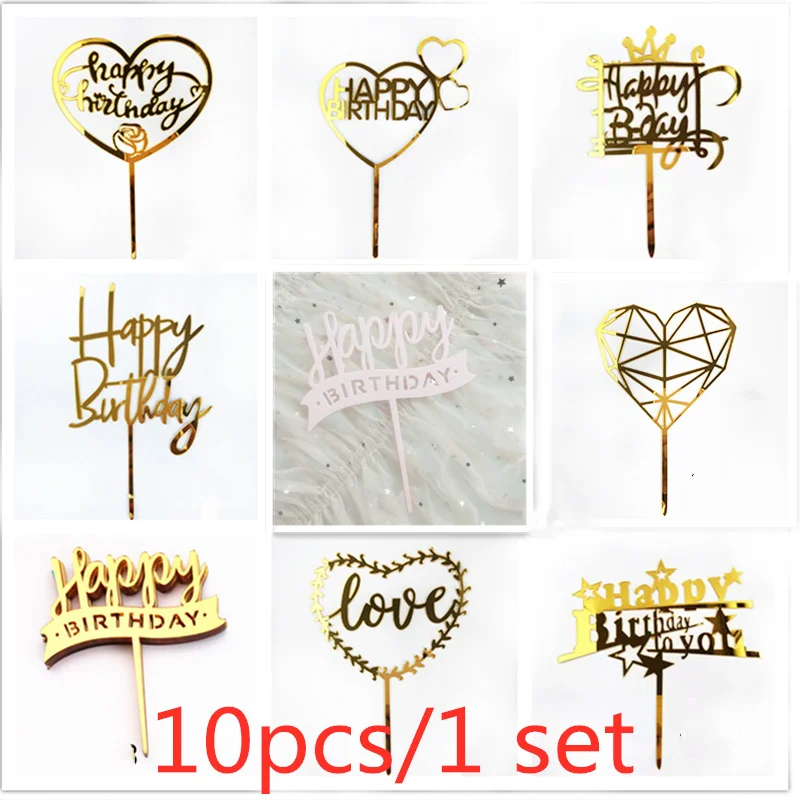 10 Stück/Set Love Happy Birthday Tortendekoration Gold Acryl Kinder Geburtstag Tortenaufsatz für Hochzeit Party Kuchen Dekorationen Babyparty – Detail 1