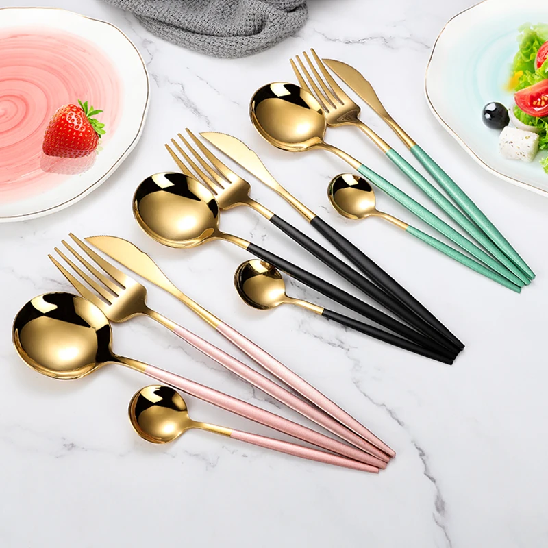 4Pcs/set Black Gold Cutlery Set 18/10 Stainless Steel Dinnerware Spoon Dropshipping Silverware Flatware  Dinner Knife Fork