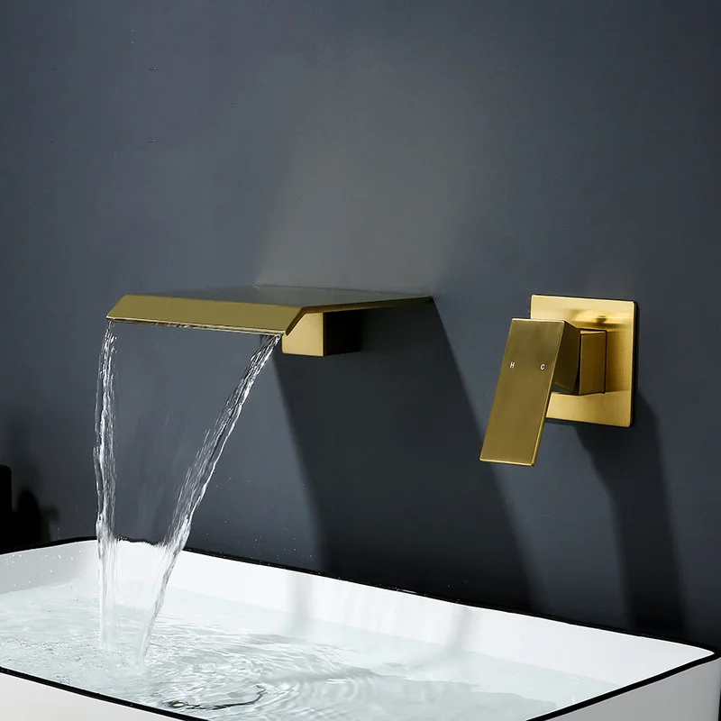 

Brushed Gold Bathroom Basin Faucet, Solid Brass Sink Mixer, Hot and Cold, Single Handle, 2 Holes Lavatory Crane, Waterfall Tap