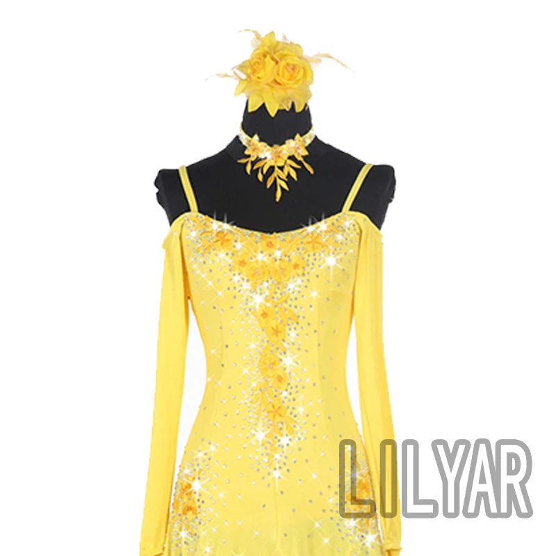 Ballroom Skirt Standard Competition Show Custom New Adult Yellow Embroidery Dress