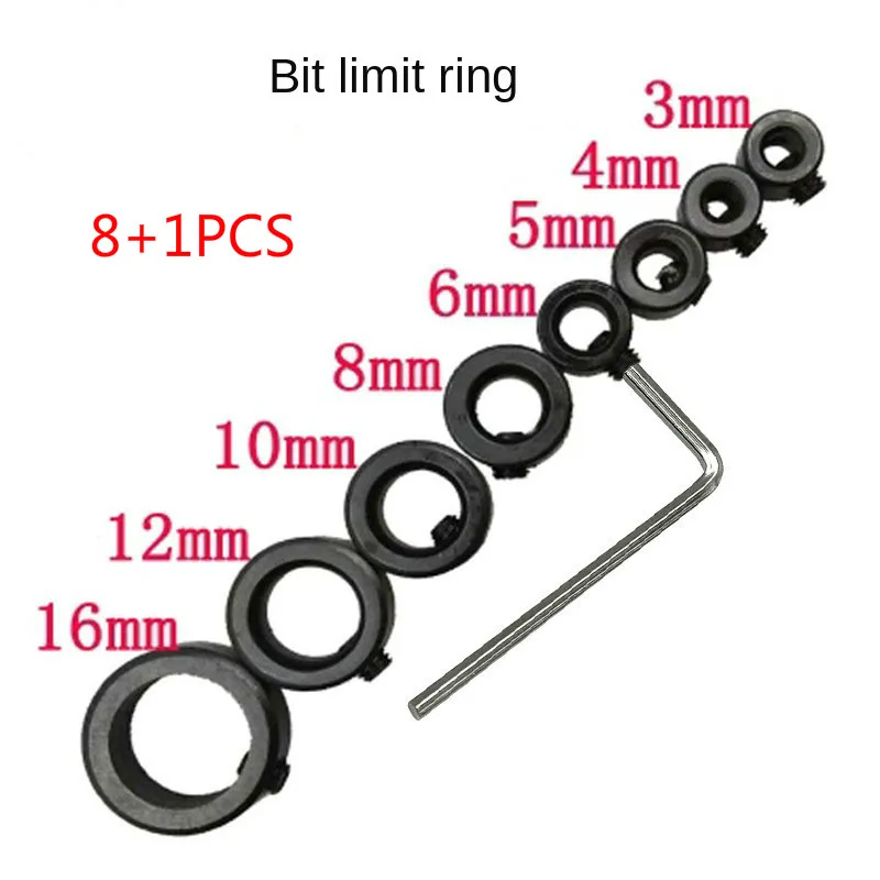 9Pcs เจาะ Bits 3/4/5/6/8/10/12/16Mm เจาะความลึก Stop Collars Dowel Shaft Chuck ประแจสำหรับงานไม้เครื่องมือ