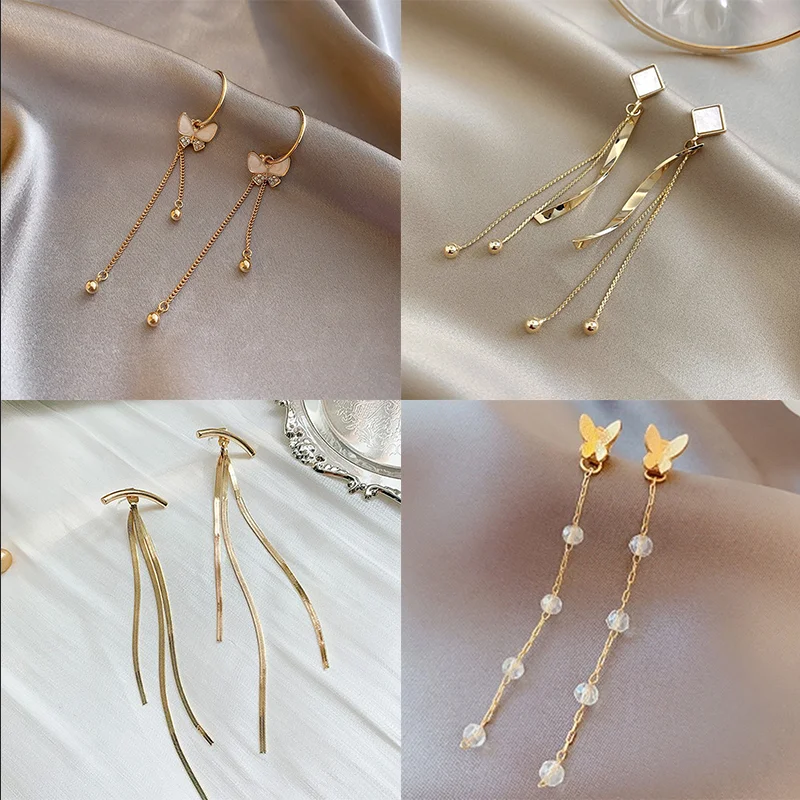 Vintage Bar Long Thread Tassel Drop Earrings for Women Glossy Arc Geometric Korean Fashion Jewelry Hanging Pendientes