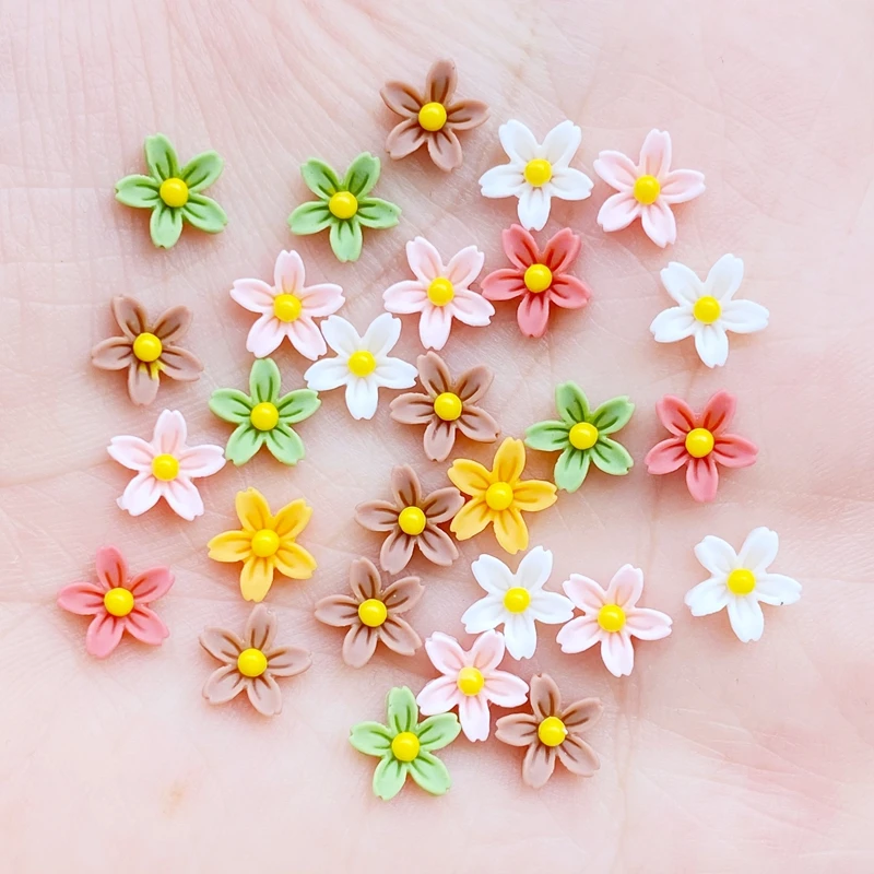 100Pcs 8mm Resin 3D Colorful Mini Flower Gems Flatback Figurines Scrapbook Wedding Applique Nail Art Decor Crafts