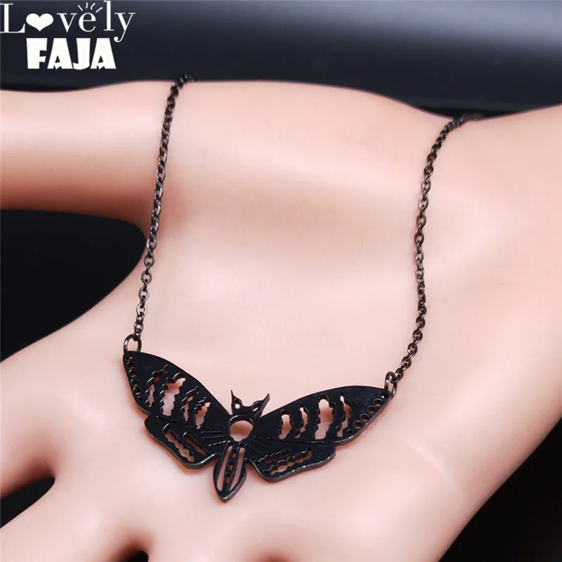 Gothic Moth Edelstahl-Halsketten-Anhänger für Damen und Herren, schwarze Farbe, Kettenhalskette, Schmuck, colgantes mujer moda N3094S03 – Detail 4