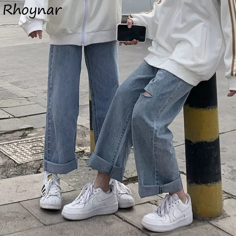 Quần Jeans Nữ Đơn Giản Lỗ Chic Casual Chiều Dài Ống Rộng Mùa Thu Tất Cả-Phù Hợp Với Học Sinh Đường Chắc Chắn Cơ Bản Phong Cách Hàn Quốc ấm Cúng Retro