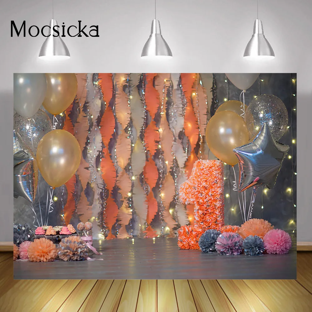 

Newborn Kids 1st Birthday Backdrop Balloons Gray One Cake Smash Background Photo Studio Party Decorations Photography Props