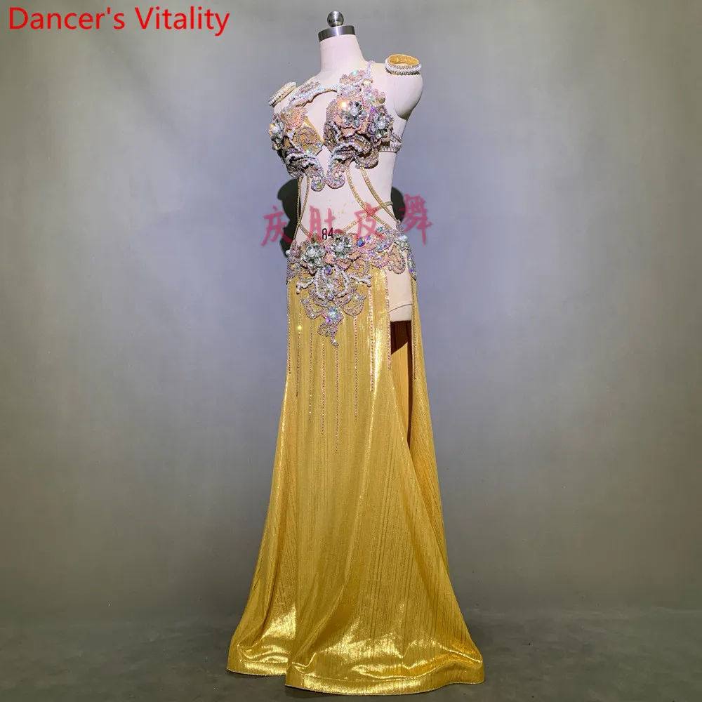 Women Belly Dance Competition Outfits Customized Slap-up Diamond Bra Skirt Belt Oriental Indian Drum Dancing Performance Costume