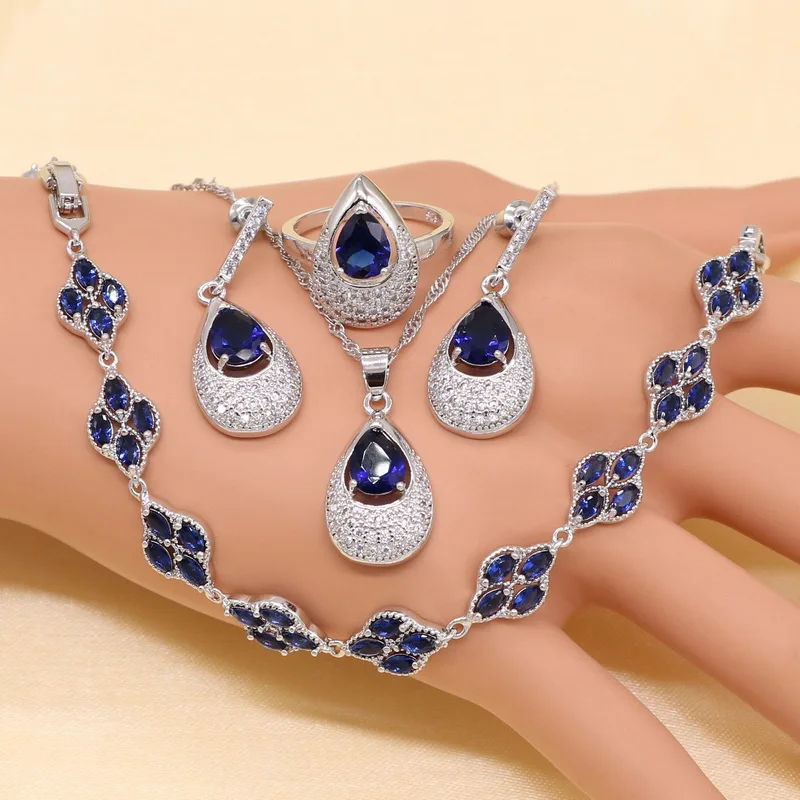 Blue Zircon Costume Silver  Jewelry Sets Women Earrings With Stones Bracelets Necklace Pendant Rings Set Jewelry Gift Box