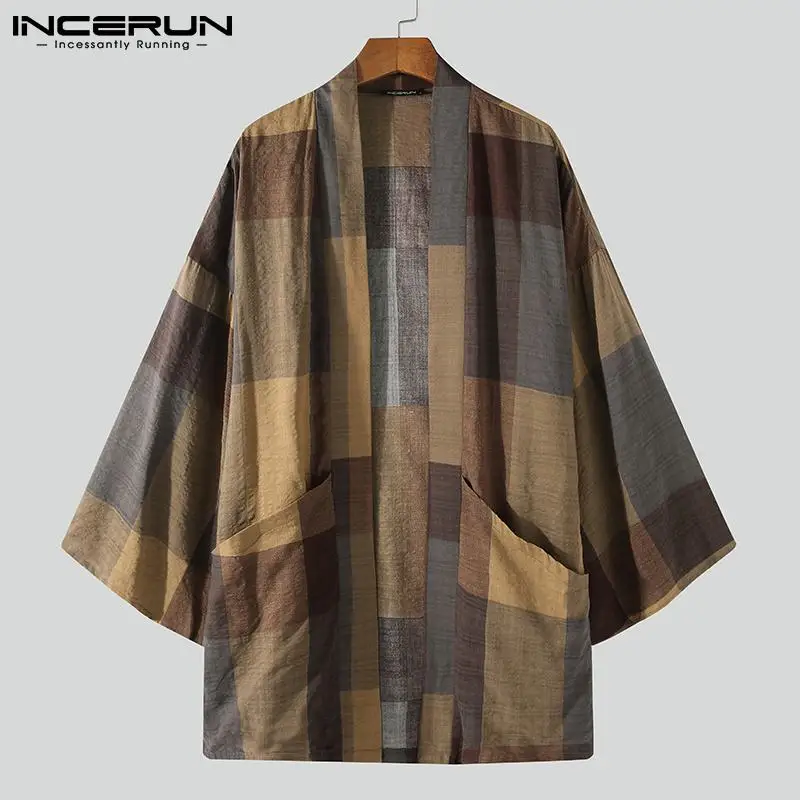 INCERUN Men Trench Plaid Vintage Long Sleeve Open Stitch Casual Cardigan Kimono Men Streetwear Autumn 2024 Loose Male Coats 5XL