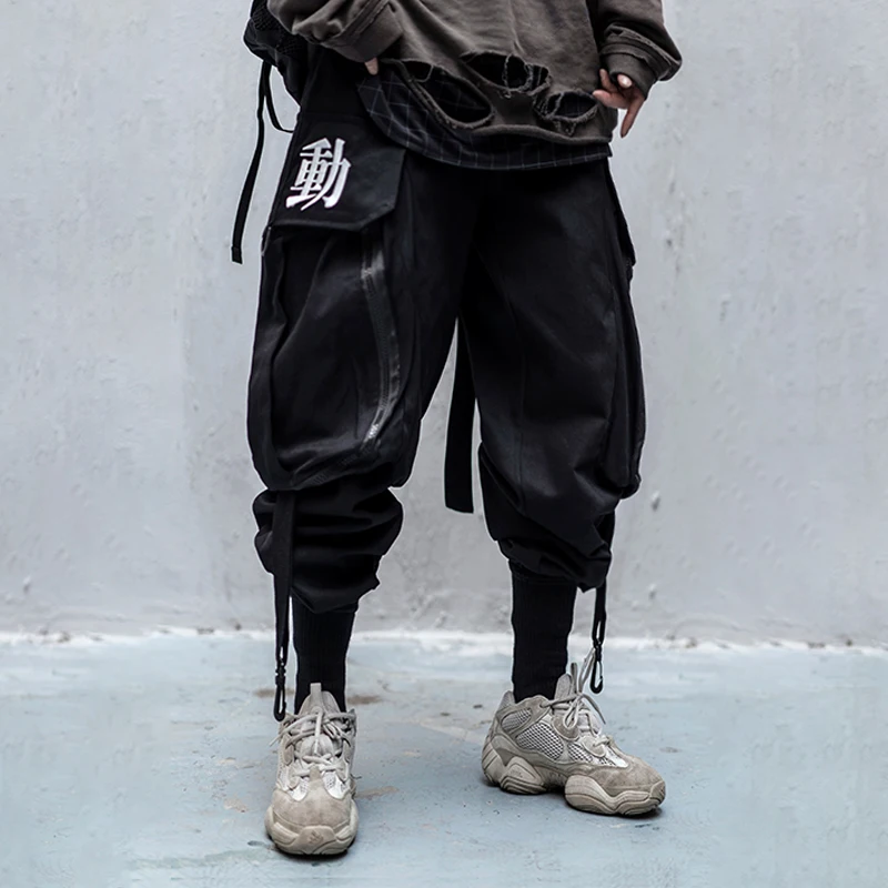 Conjunto de ropa con bolsa grande para hombre y mujer, pantalones Cargo con cinta, estilo Harajuku, Hiphop, mallas de gran tamaño para correr