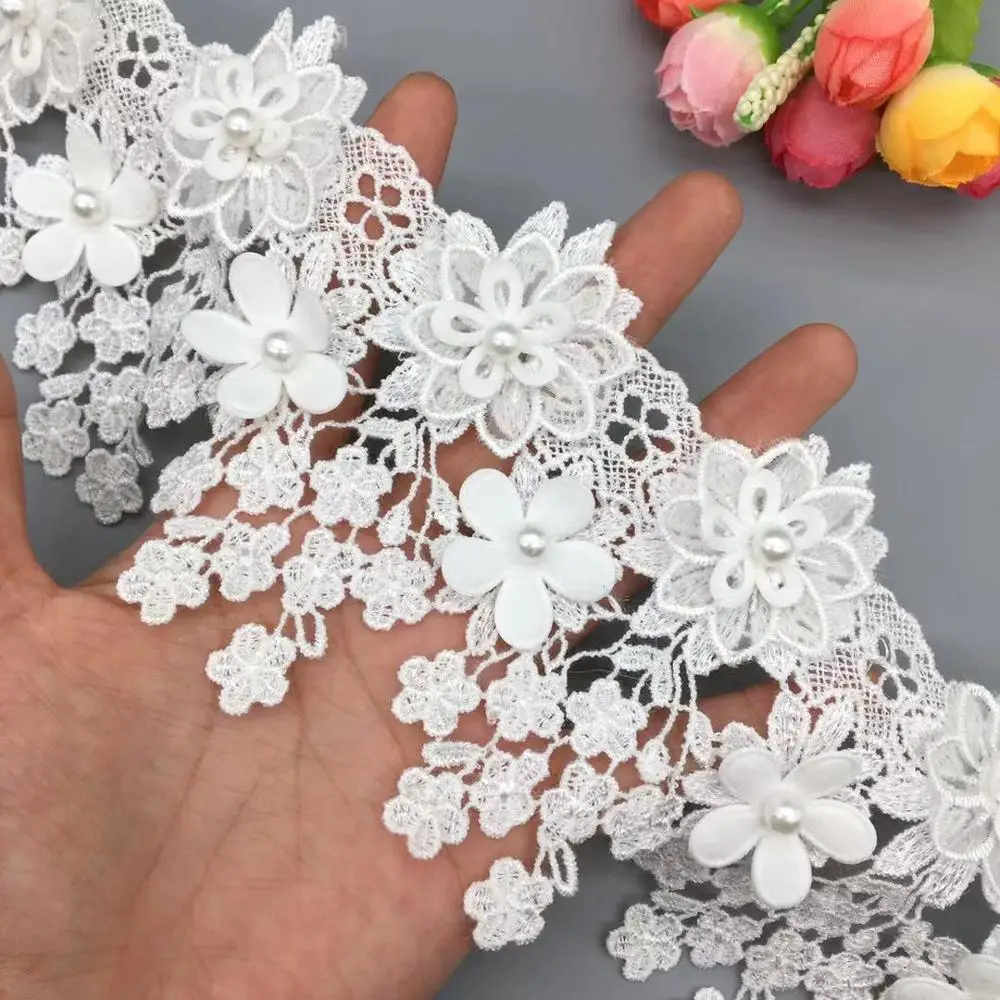 1 yard White 3D Flower Pearl Embroidered Net Lace Fabric Trim Ribbons DIY Sewing Handmade Wedding Dress Clothe Craft Materials