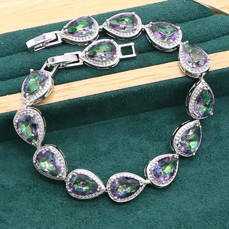 Water Drop  Rainbow Topaz 925 Silver Wedding Jewelry set for Women Party Bracelet Earrings Necklace pendant Ring