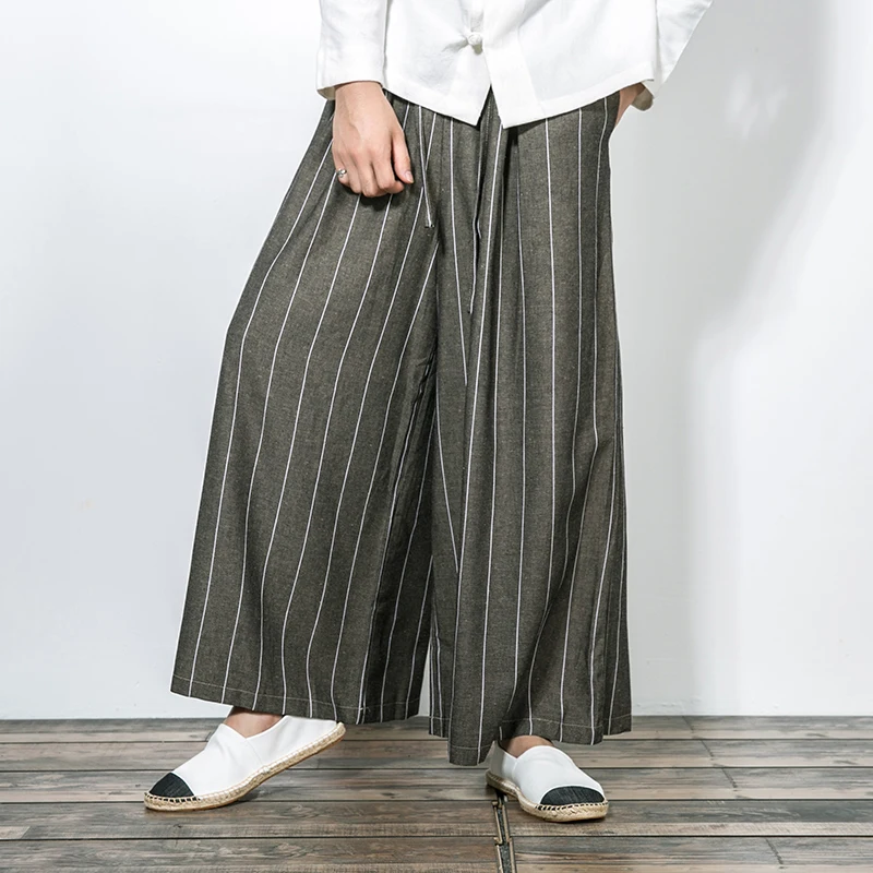 

Harajuku Wied Leg Pants Cotton Linen Men’s Casual Pants Striped Loose Trousers Male Trousers Fashion Big Size Pants 3XL