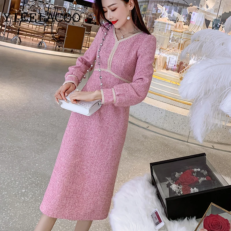 Pink tweed dress Fashionable long sleeve design spring / autumn women's dress fashion houndstooth bright silk Base dress