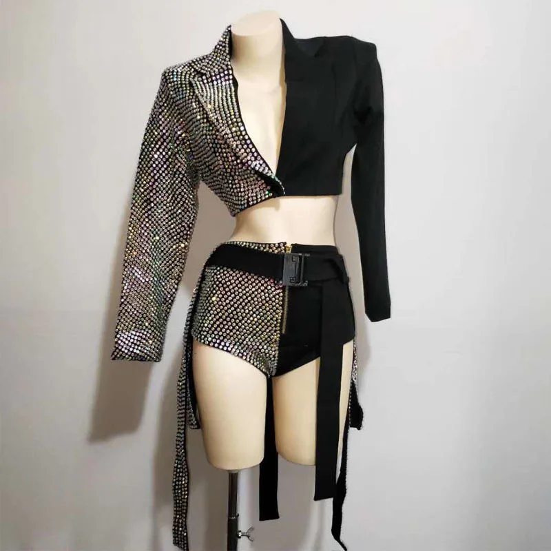 

Sparkly Rhinestones Outfit Sexy Black Blazer Short Design Party Dj Singer Nightclub Jazz Dance Costume