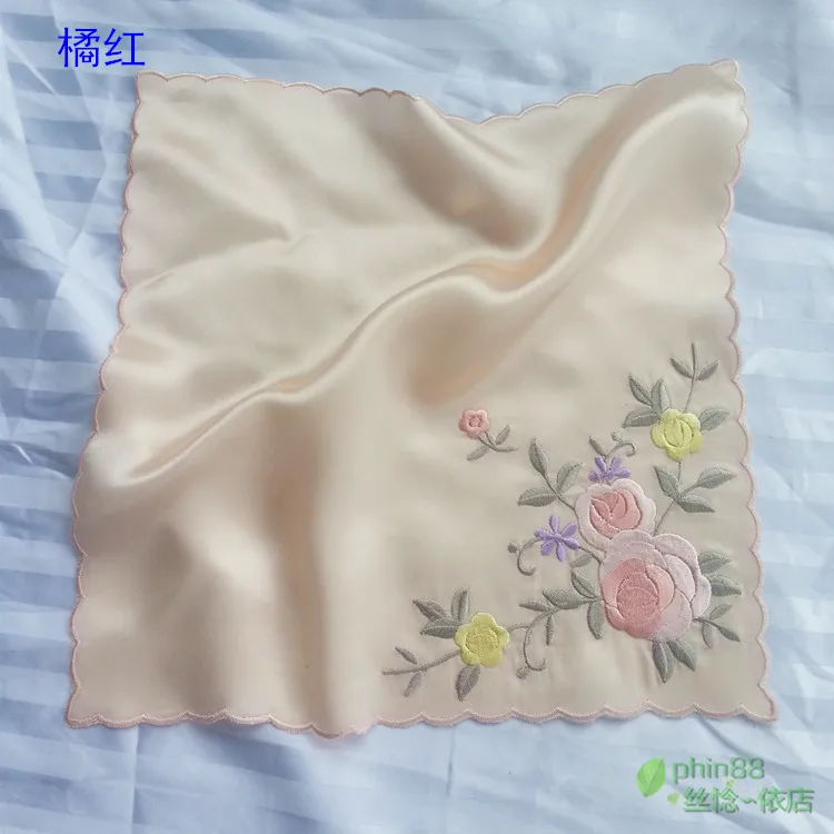 여성용 100% 새틴 실크 자수 사각 손수건, 퓨어 실크, 16.5mm, 26cm, 10 인치, WJ007