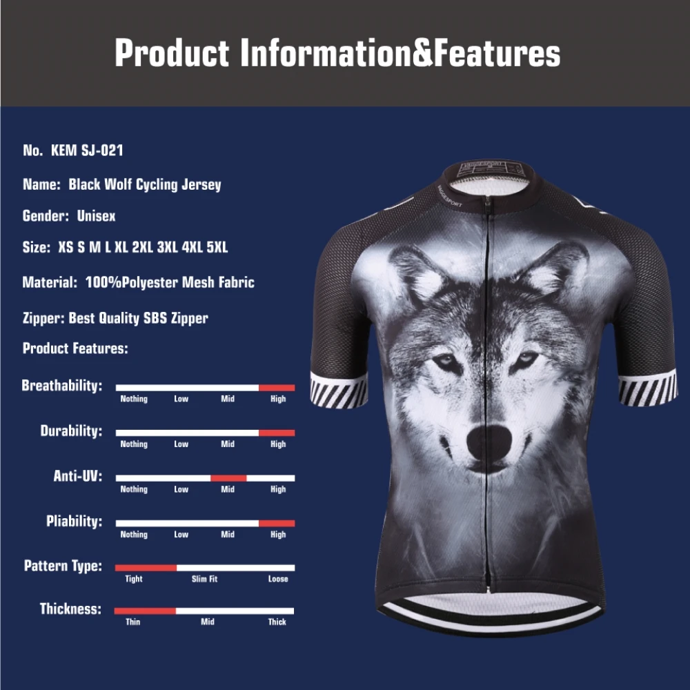 KEMALOCE Wolf Full Sublimation New Cycling Wear Shirts Summer Breathable Black Bicycle Clothes Quick Dry Compression Bike Unifor