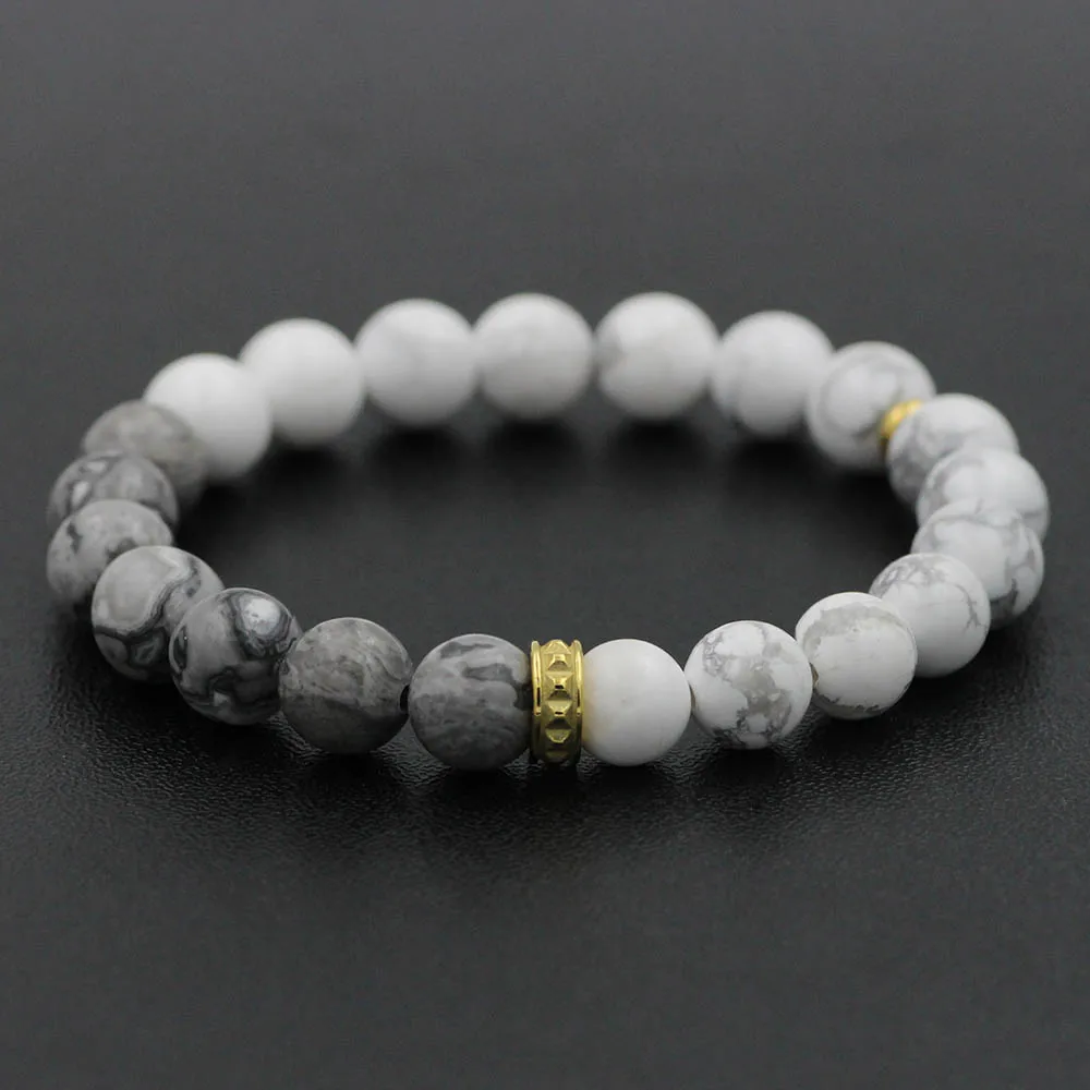 10mm Map and White Natrual Stone Beads Bracelets Stainless Steel Men Women Bracelet Pulseras Hombres Jewelry Gifts